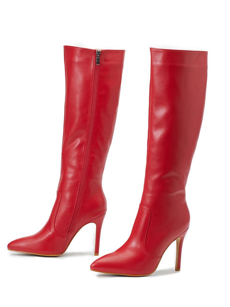 Botas Femininas Salto Agulha Bico Fino Couro Pu Vermelho Altas Até O Joelho - Vermelho