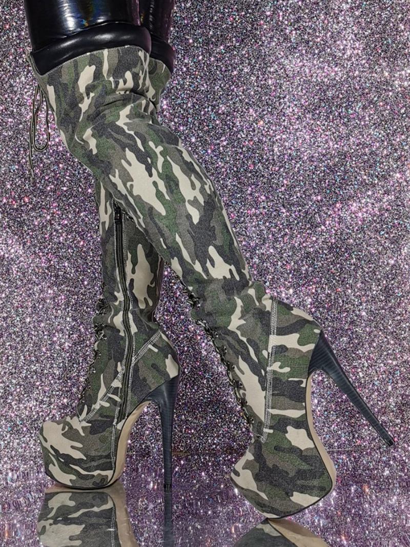 Botas Femininas Salto Agulha Com Estampa Camuflada Na Coxa