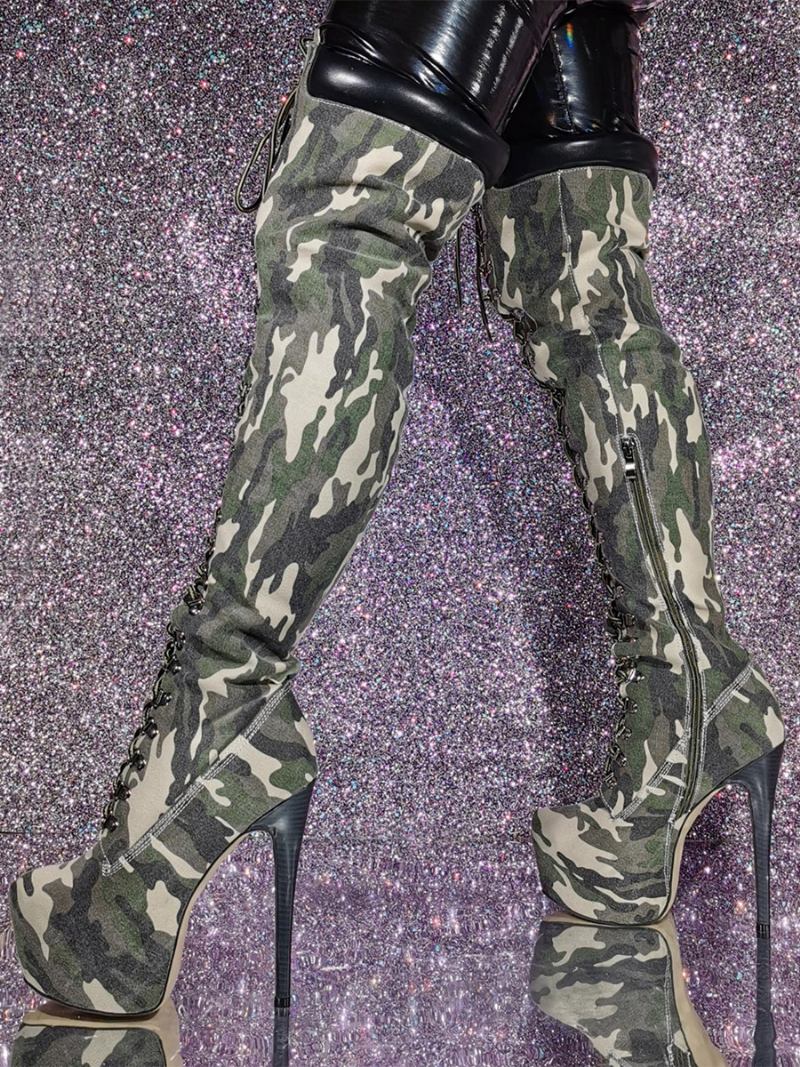 Botas Femininas Salto Agulha Com Estampa Camuflada Na Coxa - Caçador Verde