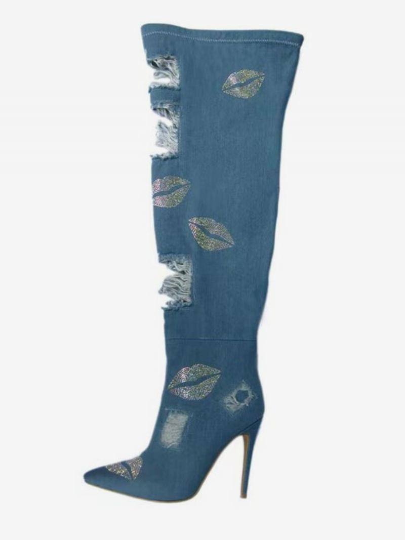 Botas Femininas Salto Agulha Com Strass E Coxa Alta Em Lona - Azul Céu Claro