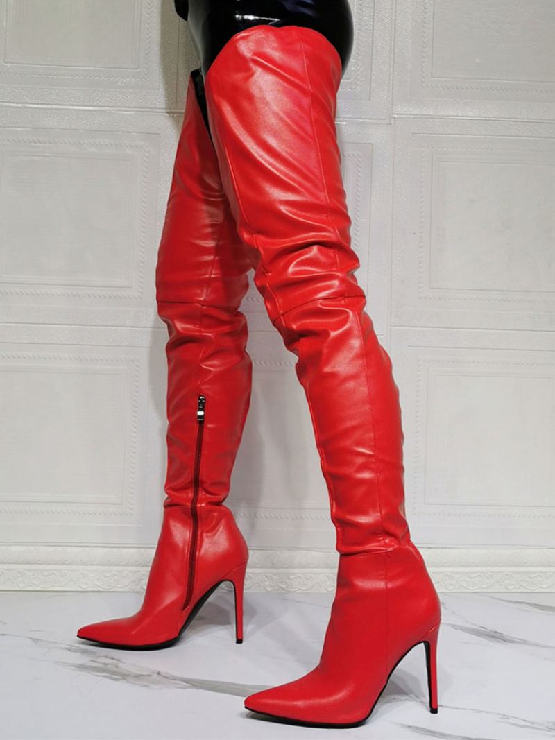 Botas Femininas Salto Agulha Sexy Na Coxa - Vermelho