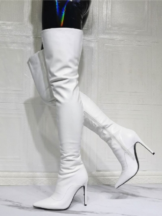 Botas Femininas Salto Alto Branco Na Coxa