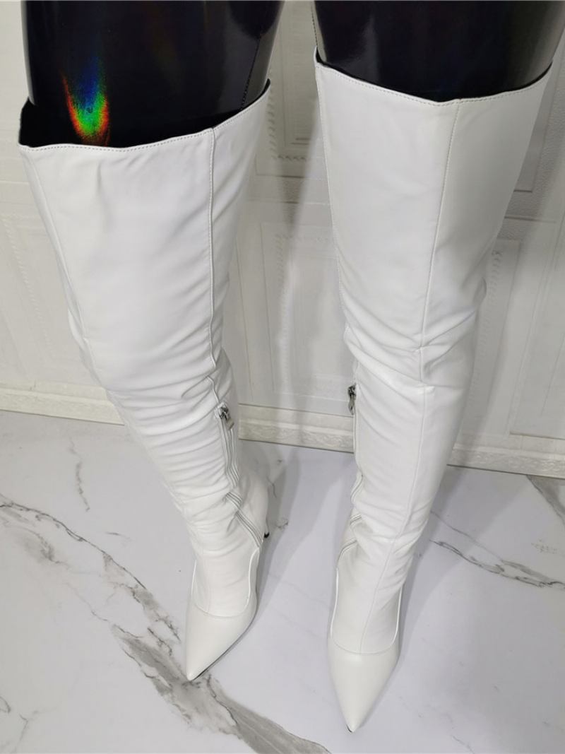 Botas Femininas Salto Alto Branco Na Coxa - Branco