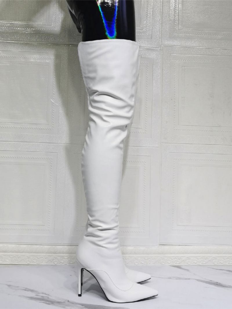 Botas Femininas Salto Alto Branco Na Coxa - Branco