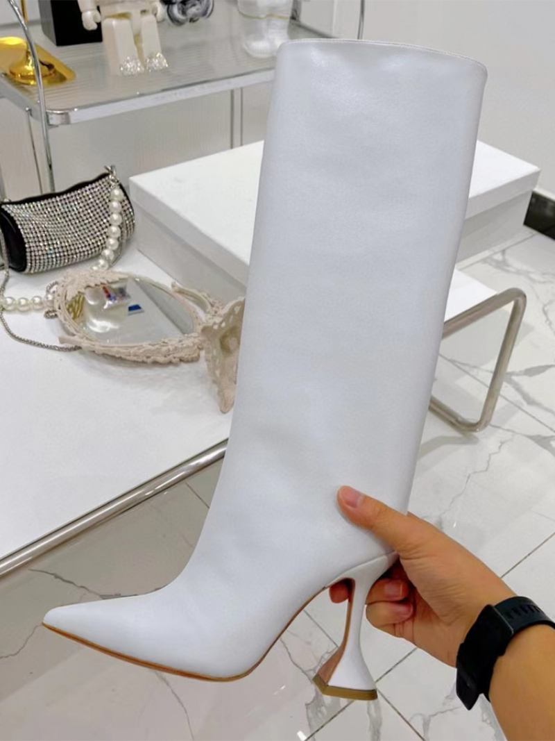 Botas Femininas Salto Alto Cobra Amarela Padrão Médio Com Bico Fino - Branco