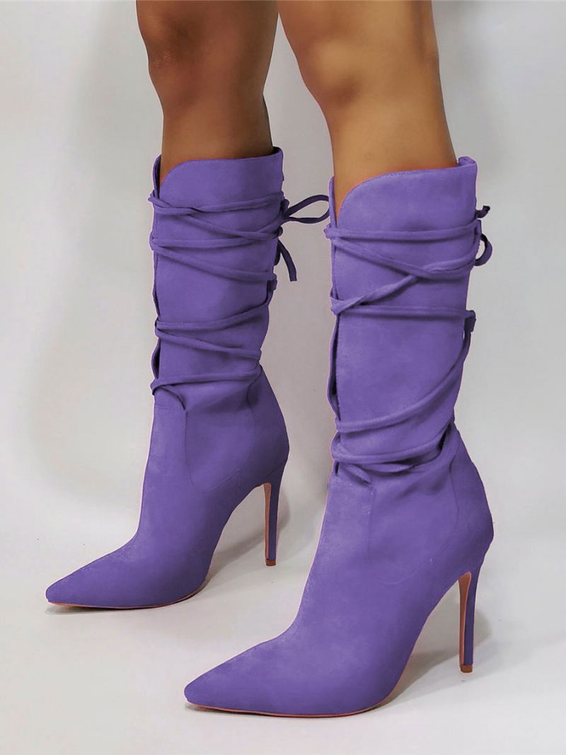 Botas Femininas Salto Alto Com Bico Fino E Cadarço - Roxo