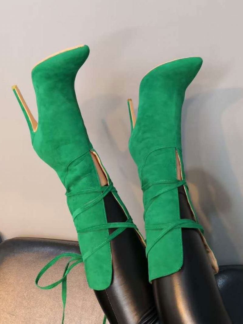 Botas Femininas Salto Alto Com Bico Fino E Cadarço - Verde