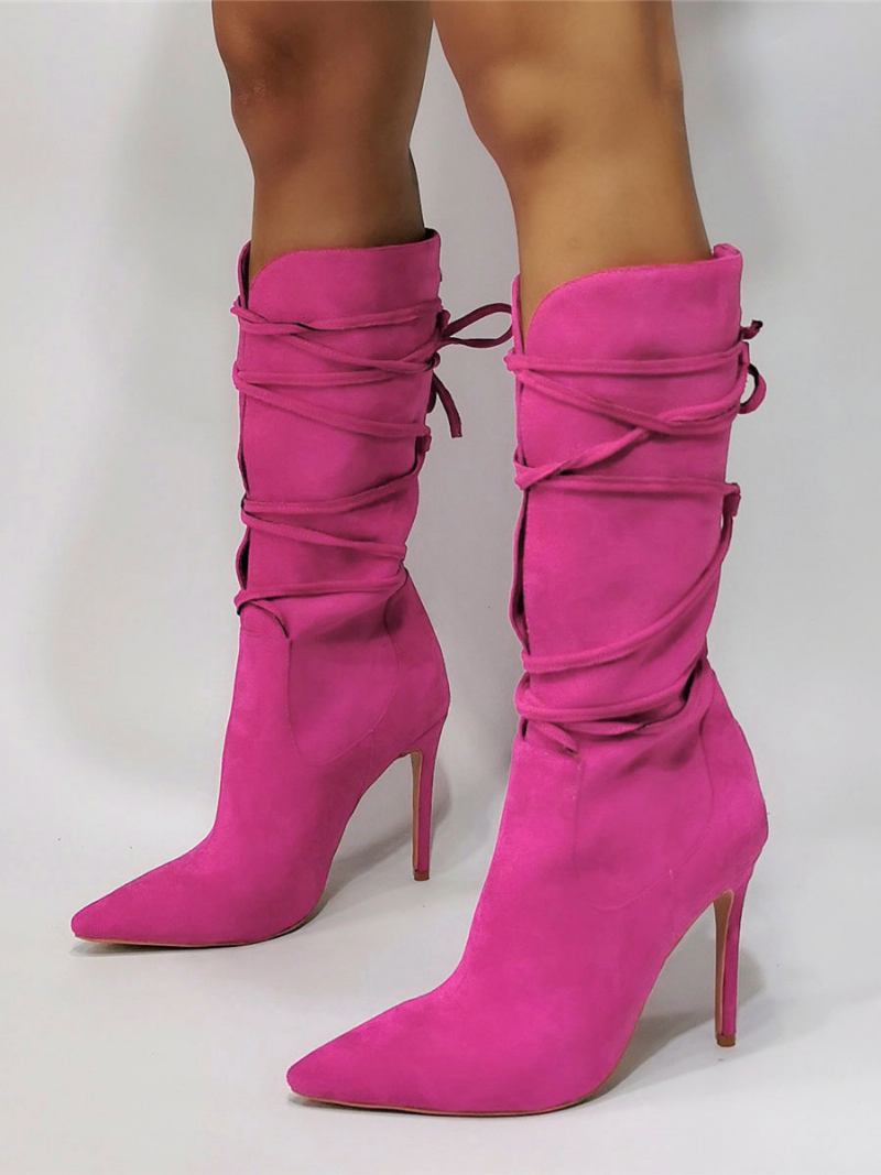 Botas Femininas Salto Alto Com Bico Fino E Cadarço - Rosa