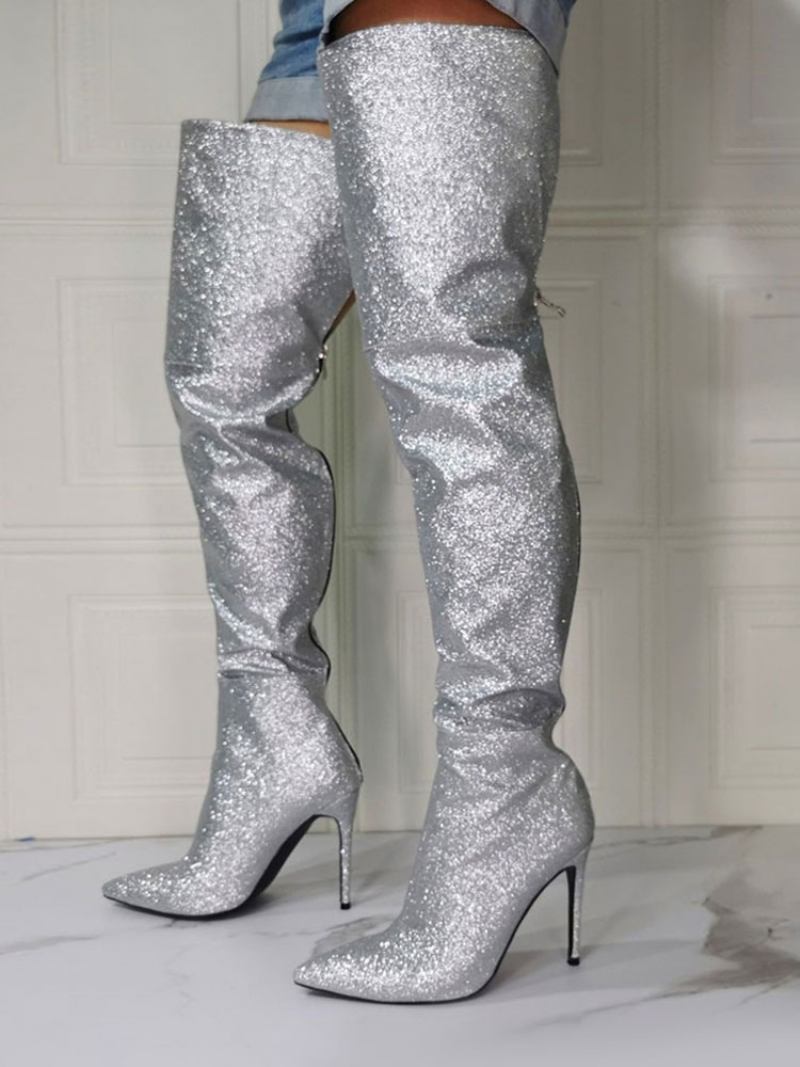 Botas Femininas Salto Alto Com Glitter Na Coxa Em Prata