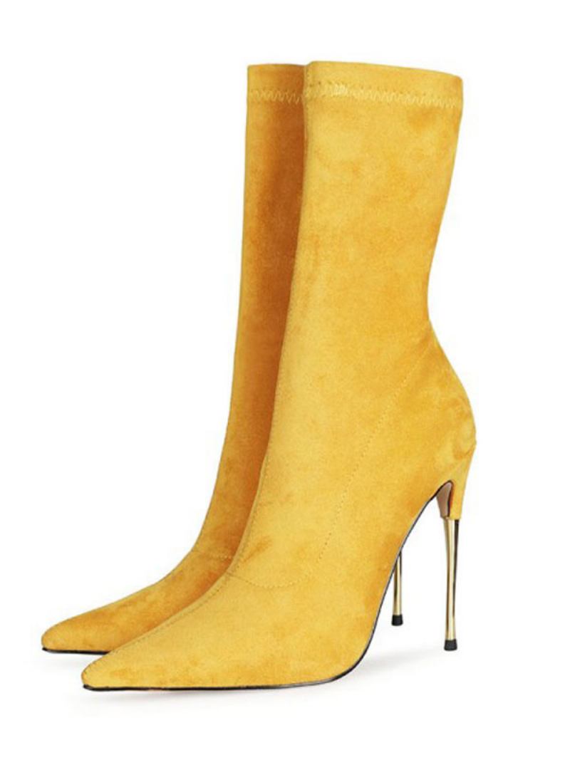 Botas Femininas Salto Alto Com Meia - Amarelo