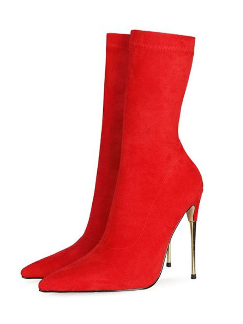 Botas Femininas Salto Alto Com Meia - Vermelho