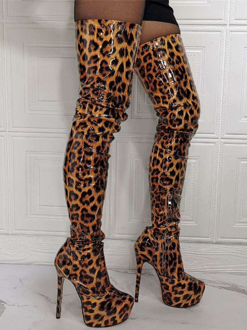 Botas Femininas Salto Alto Com Plataforma Estampa Animal - Leopardo