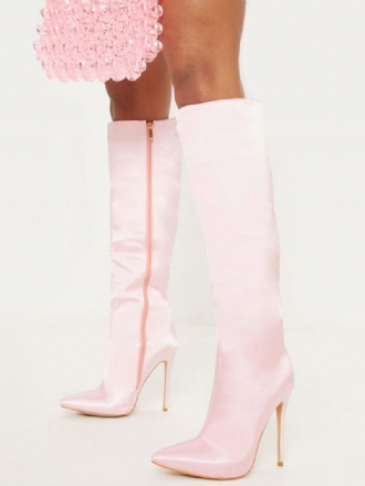 Botas Femininas Salto Alto Rosa Bico Fino Agulha Cano