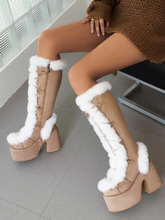 Botas Femininas Salto Grosso Cáqui Na Altura Do Joelho Inverno