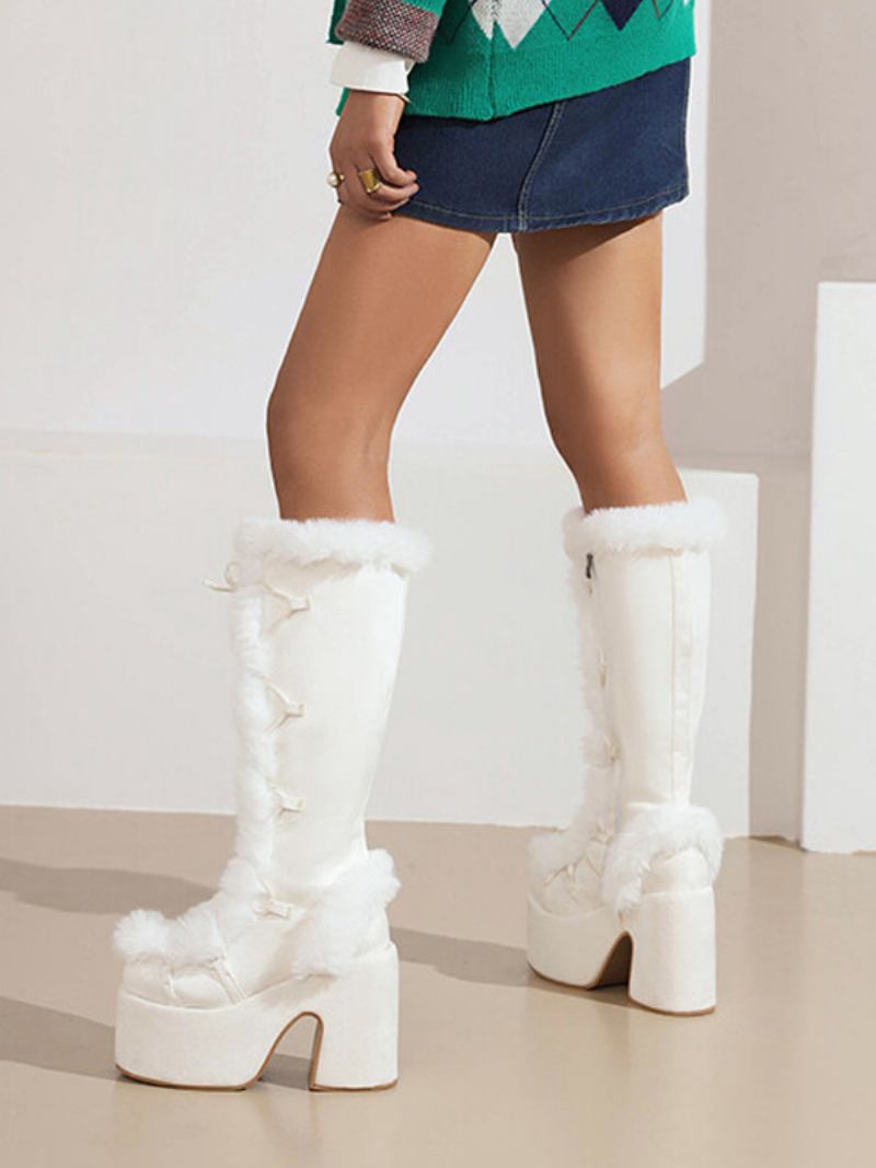 Botas Femininas Salto Grosso Cáqui Na Altura Do Joelho Inverno - Branco