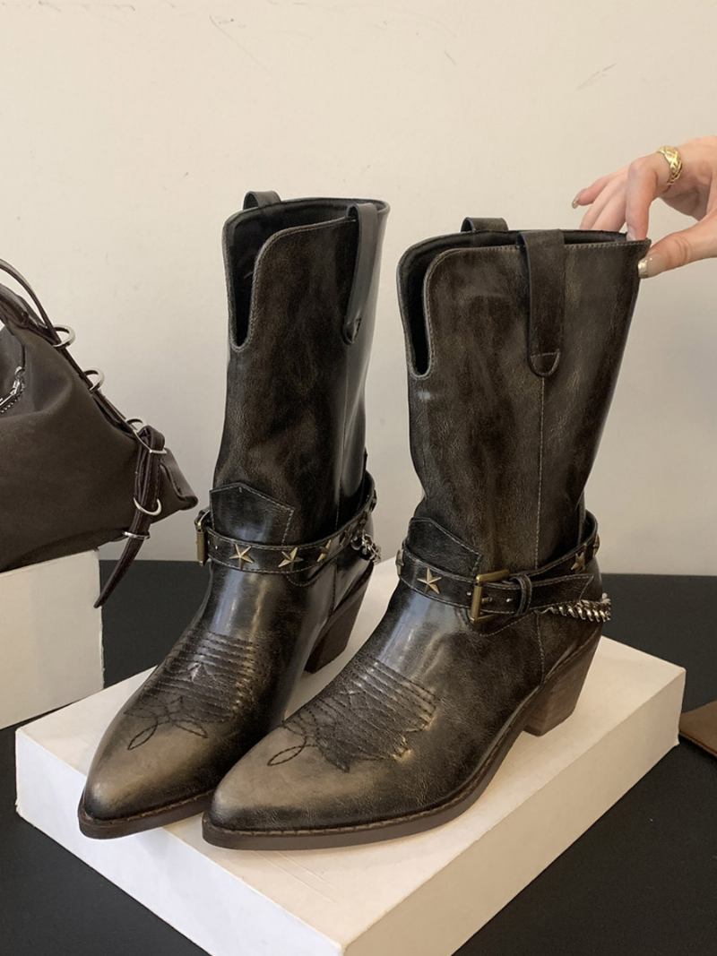 Botas Femininas Salto Grosso Com Bico Fino E Fivela - Bronze