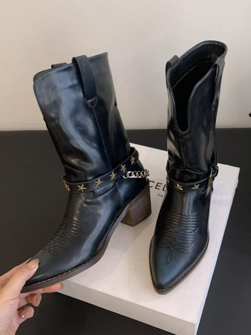 Botas Femininas Salto Grosso Com Bico Fino E Fivela - Preto