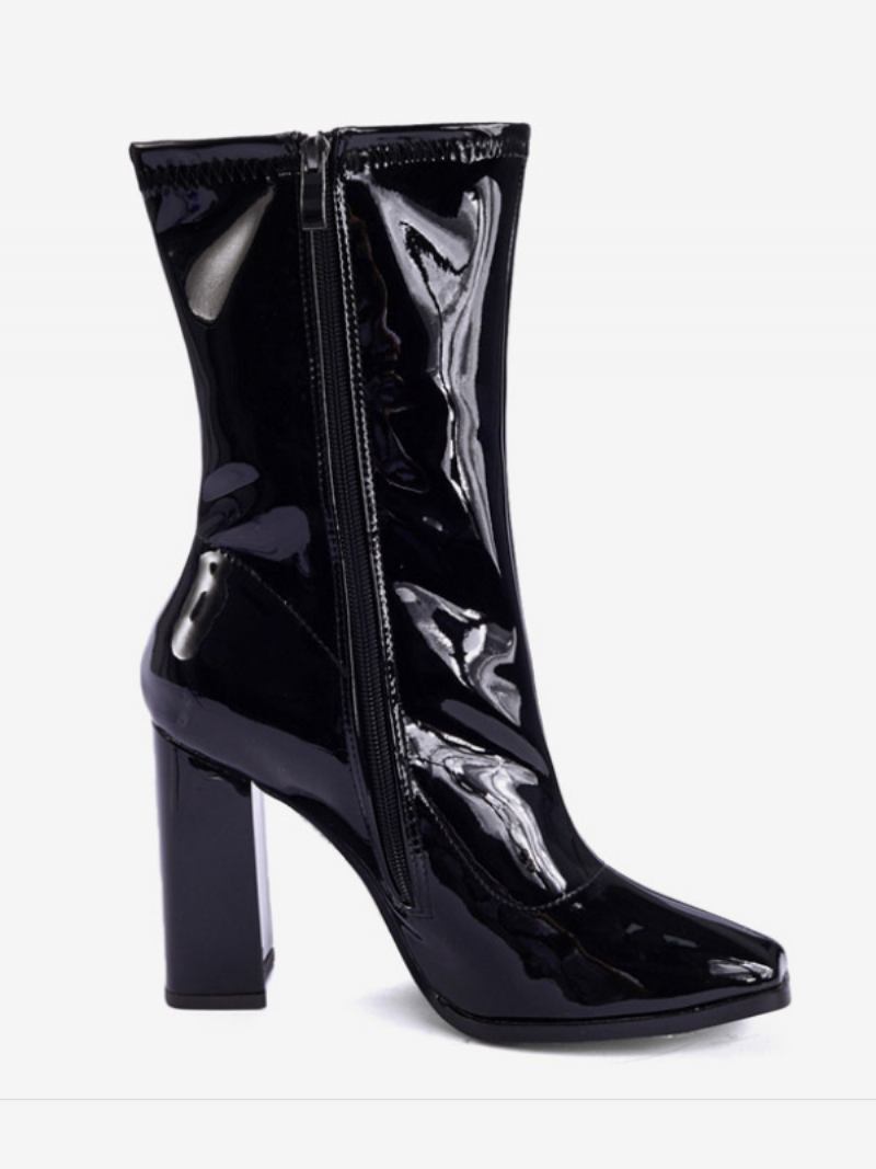 Botas Femininas Salto Grosso E Bico Quadrado - Preto