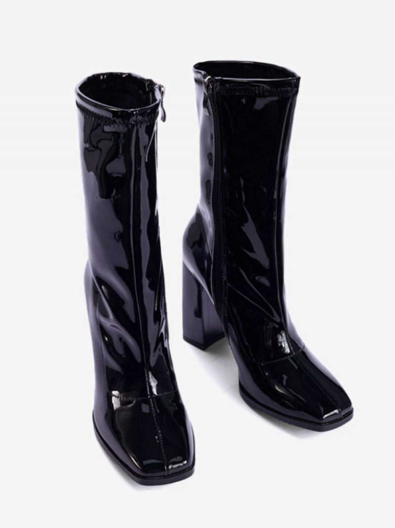 Botas Femininas Salto Grosso E Bico Quadrado - Preto