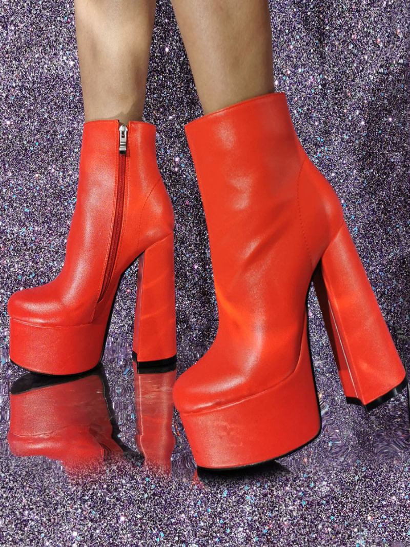 Botas Femininas Salto Grosso E Bico Redondo - Vermelho