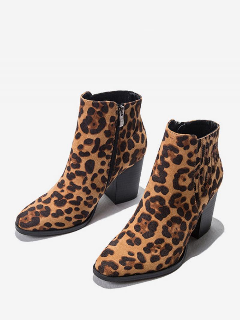 Botas Femininas Salto Grosso E Bico Redondo - Leopardo