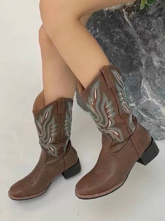 Botas Femininas Salto Médio Com Rebites Couro Pu Bico Fino E