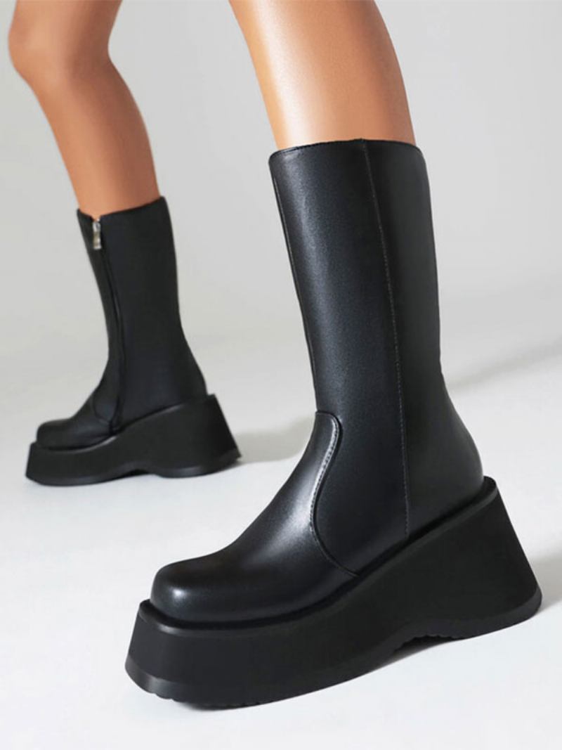 Botas Femininas Sem Salto Com Bico Redondo - Preto