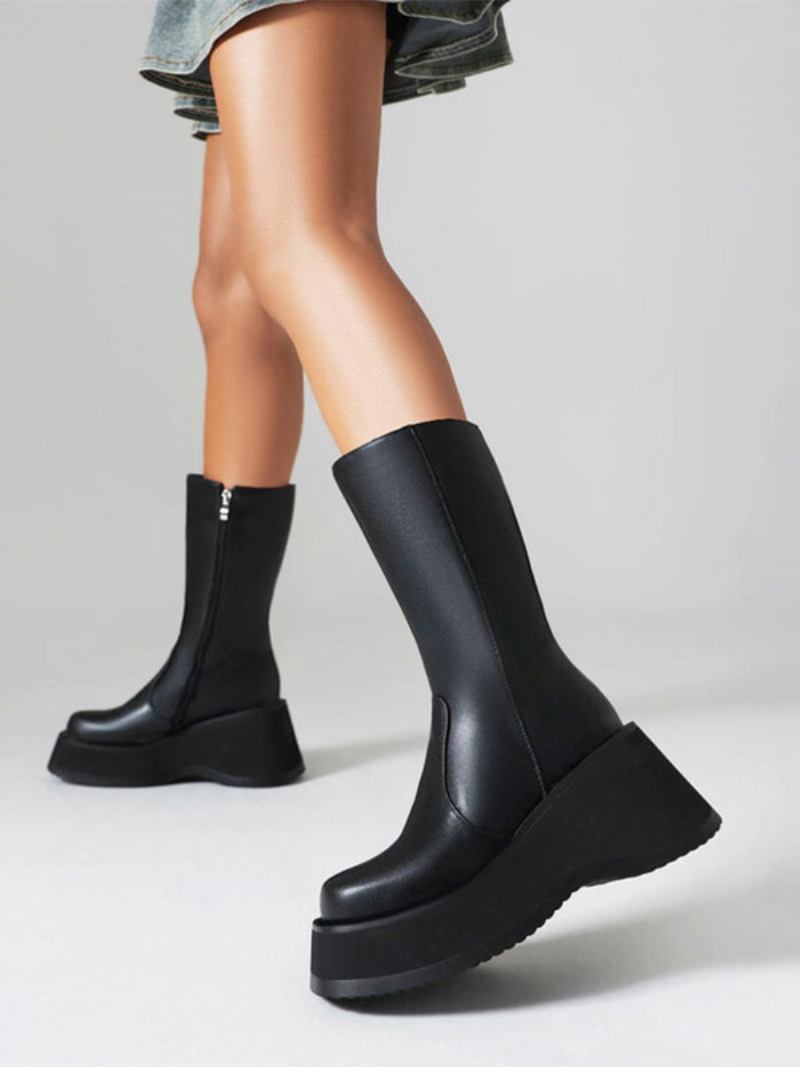 Botas Femininas Sem Salto Com Bico Redondo - Preto