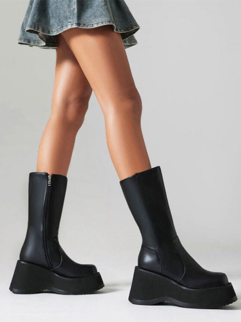 Botas Femininas Sem Salto Com Bico Redondo - Preto