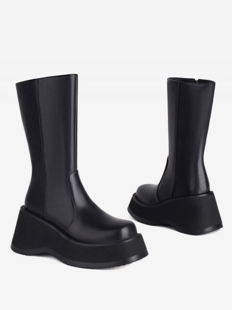 Botas Femininas Sem Salto Com Bico Redondo - Preto