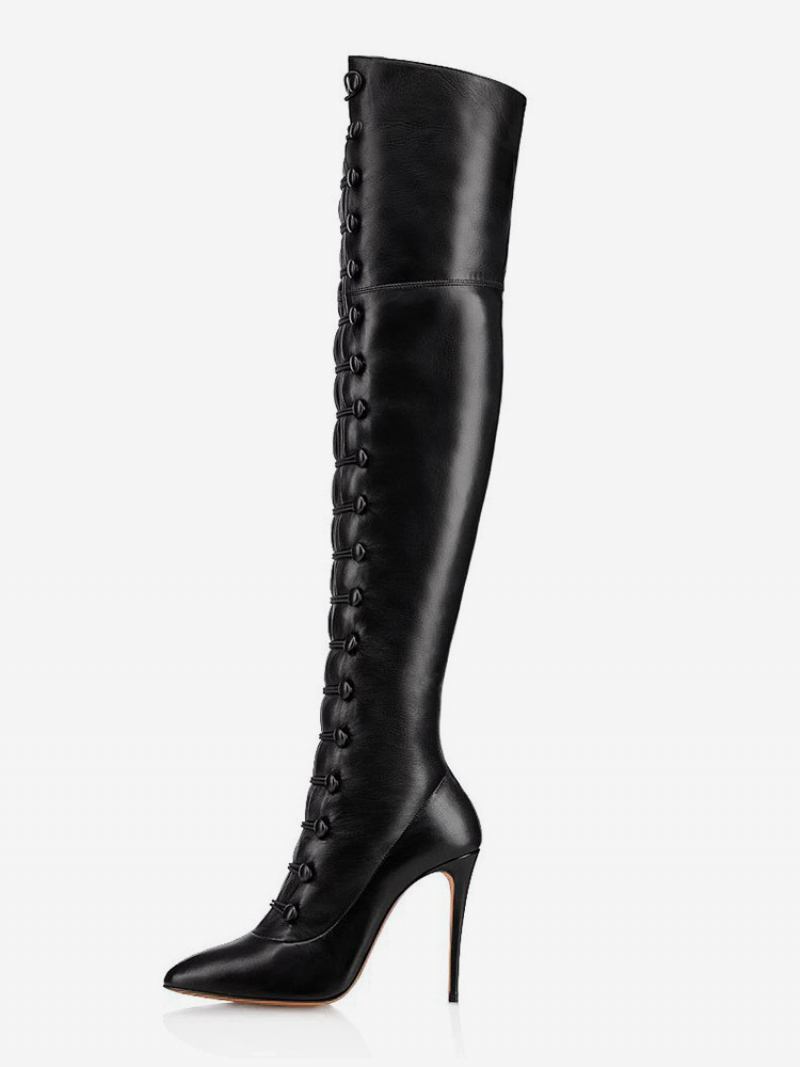 Botas Femininas Sexy Acima Do Joelho Bico Fino Preto Salto Agulha Coxa Alta