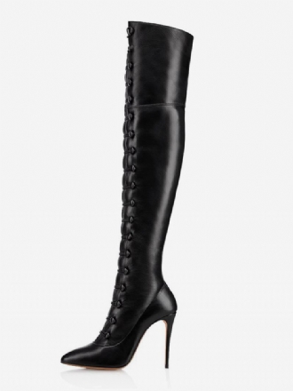 Botas Femininas Sexy Acima Do Joelho Bico Fino Preto Salto Agulha Coxa Alta