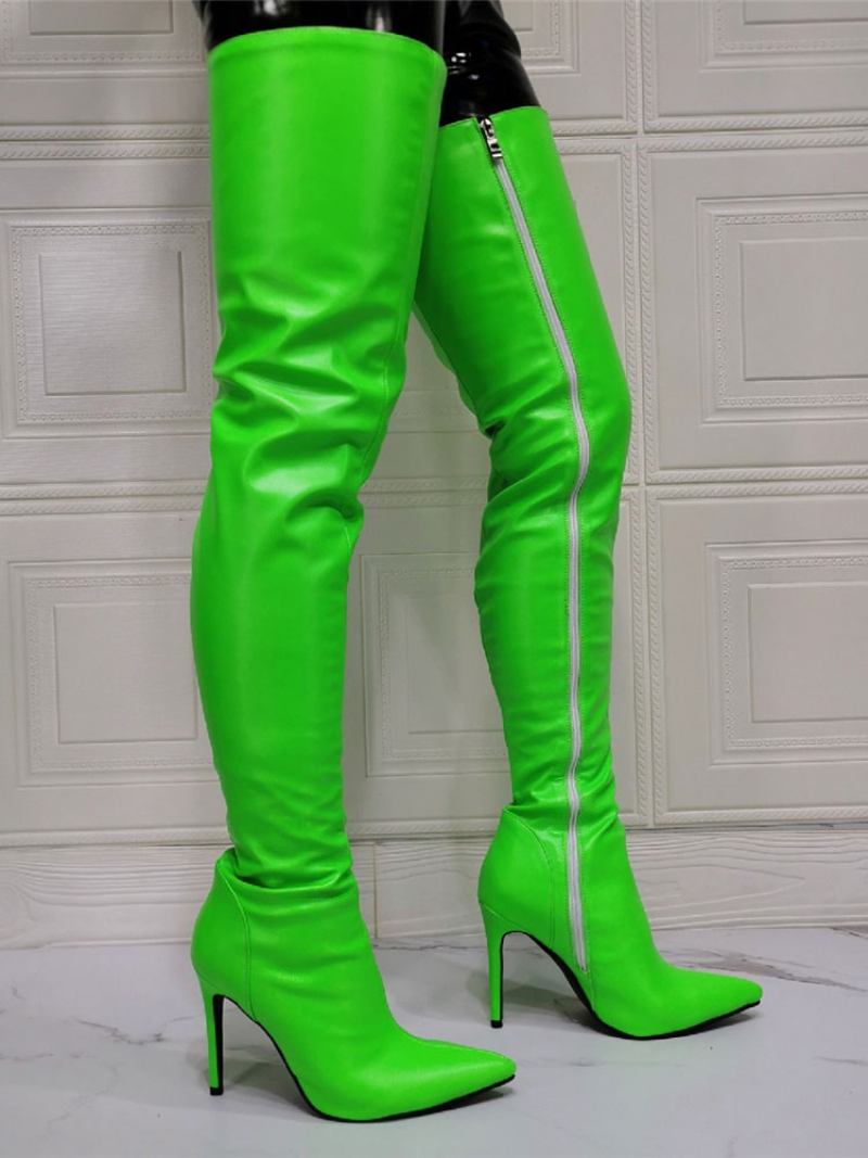 Botas Femininas Sexy Acima Do Joelho Com Salto Agulha E Coxa Alto - Verde Claro