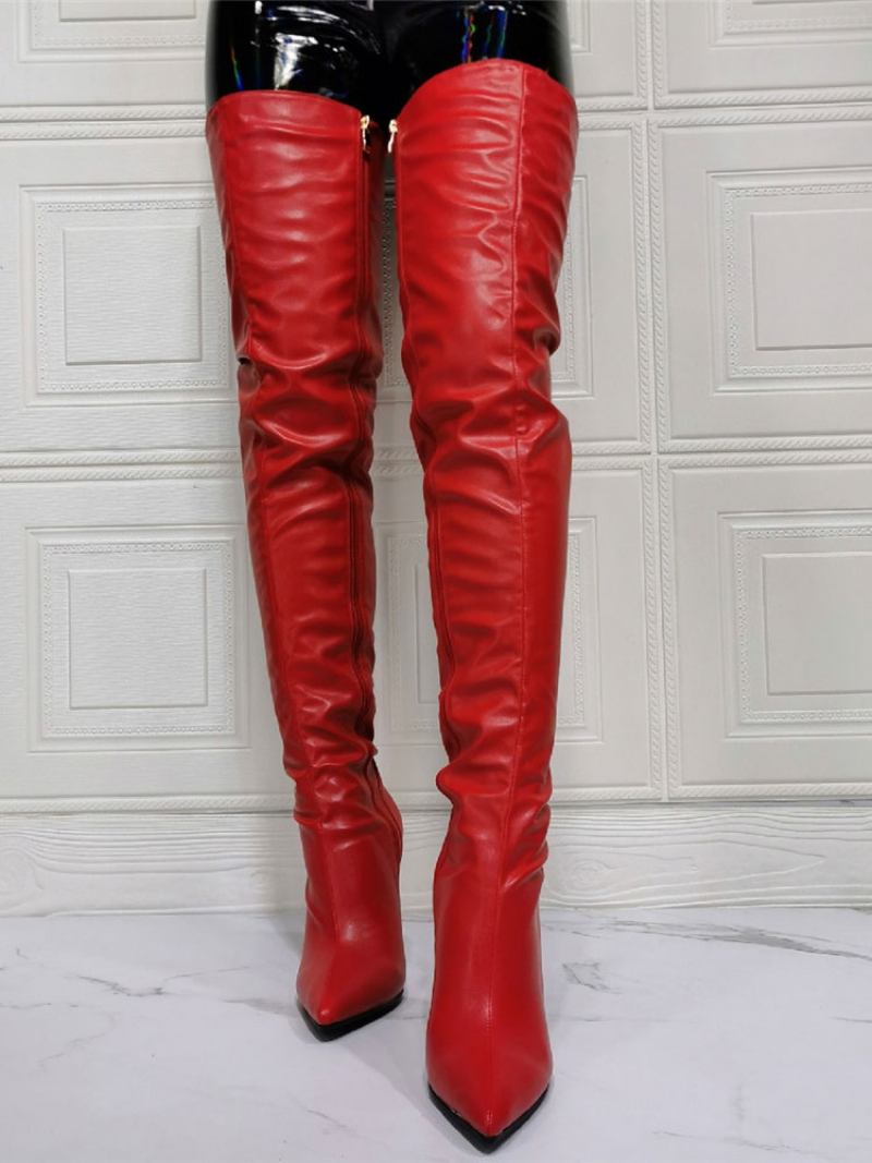 Botas Femininas Sexy Acima Do Joelho Com Salto Agulha E Coxa Alto - Vermelho