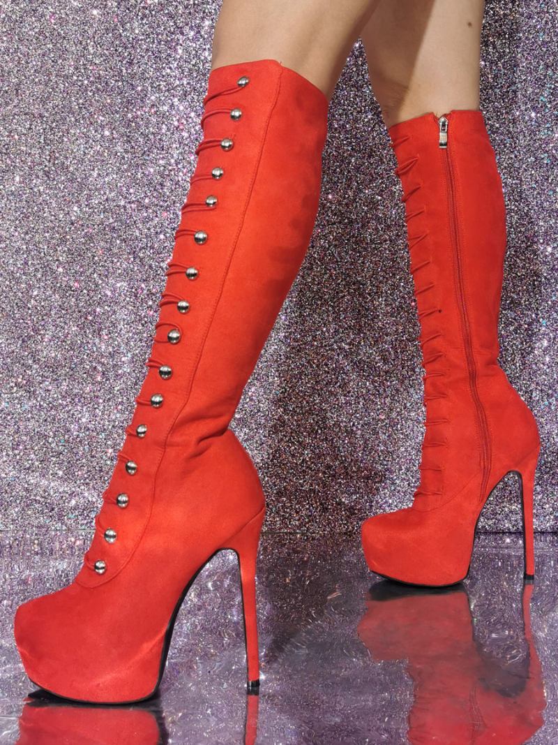 Botas Femininas Sexy Com Salto Agulha E Joelho - Vermelho