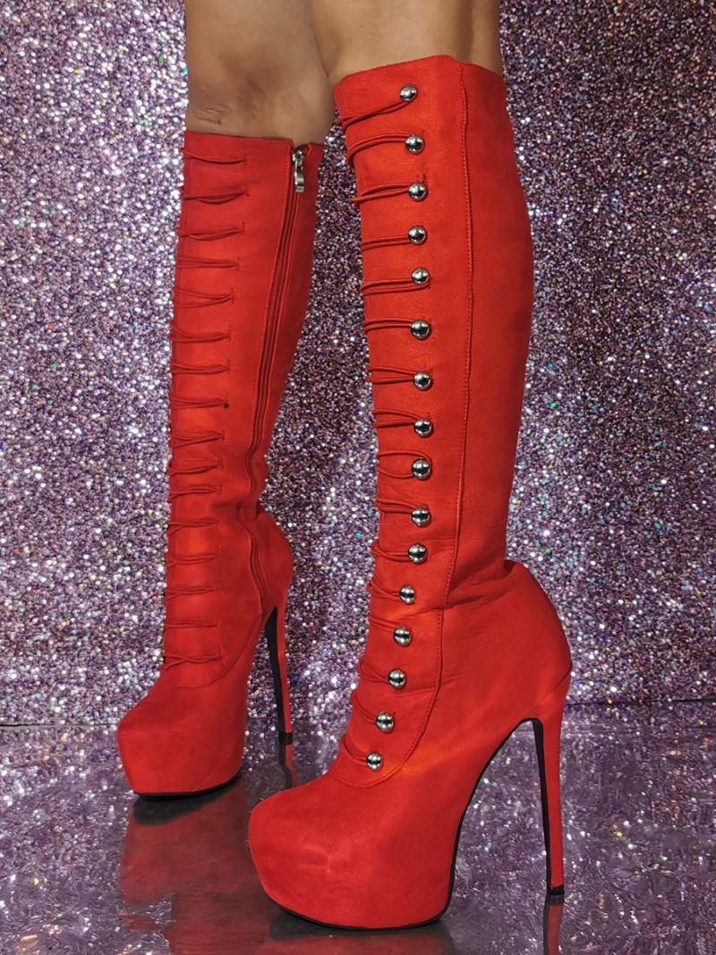 Botas Femininas Sexy Com Salto Agulha E Joelho - Vermelho