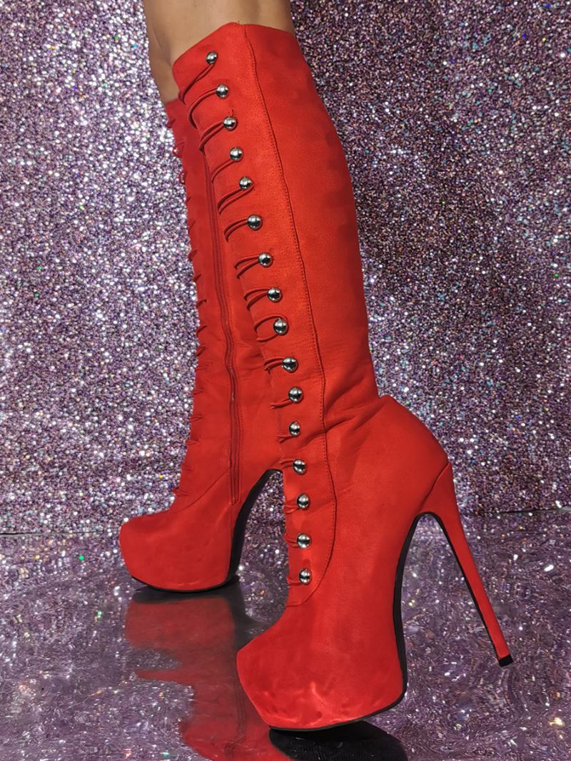 Botas Femininas Sexy Com Salto Agulha E Joelho - Vermelho