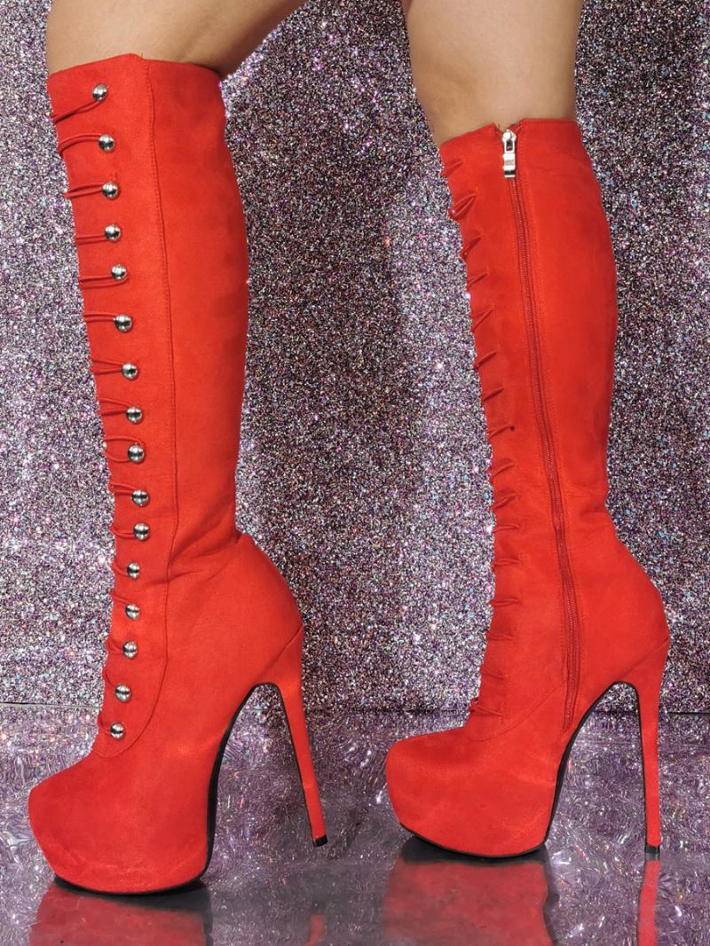 Botas Femininas Sexy Com Salto Agulha E Joelho - Vermelho