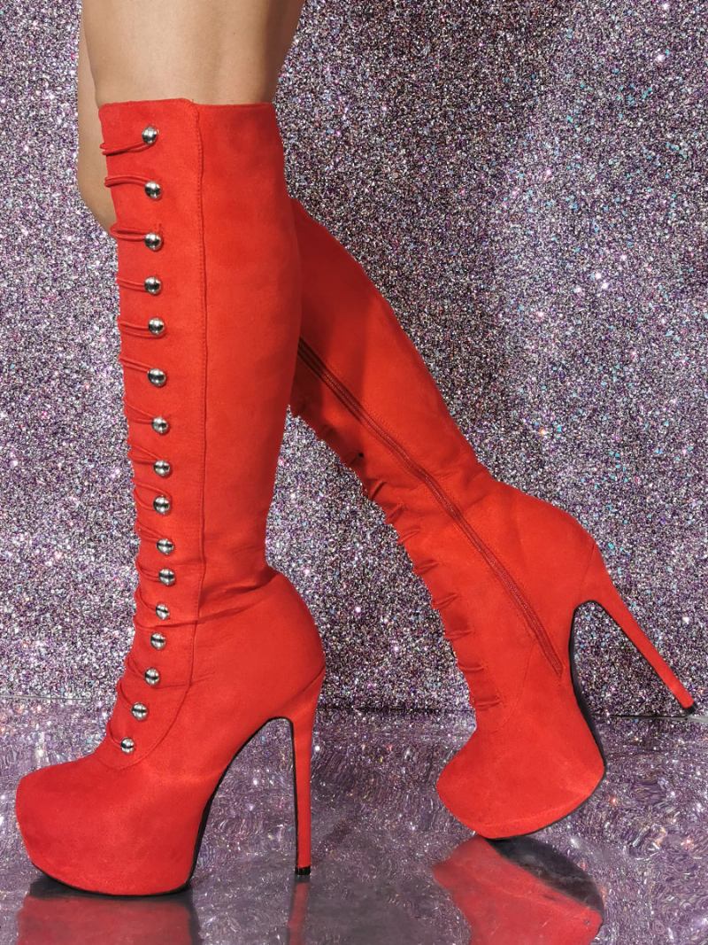 Botas Femininas Sexy Com Salto Agulha E Joelho - Vermelho