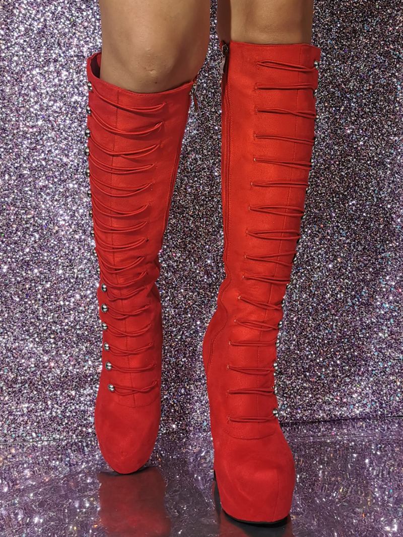 Botas Femininas Sexy Com Salto Agulha E Joelho - Vermelho