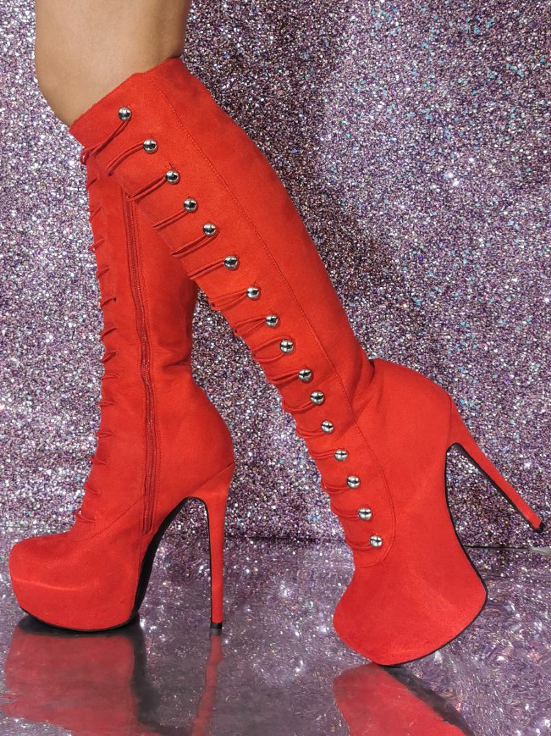 Botas Femininas Sexy Com Salto Agulha E Joelho - Vermelho