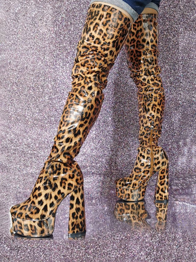 Botas Femininas Sexy Coxa Alta Plataforma Leopardo Salto Alto Sobre O Joelho