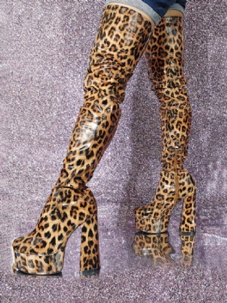 Botas Femininas Sexy Coxa Alta Plataforma Leopardo Salto Alto Sobre O Joelho