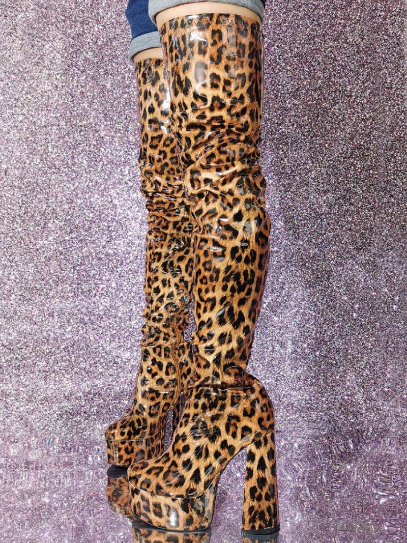 Botas Femininas Sexy Coxa Alta Plataforma Leopardo Salto Alto Sobre O Joelho - Leopardo