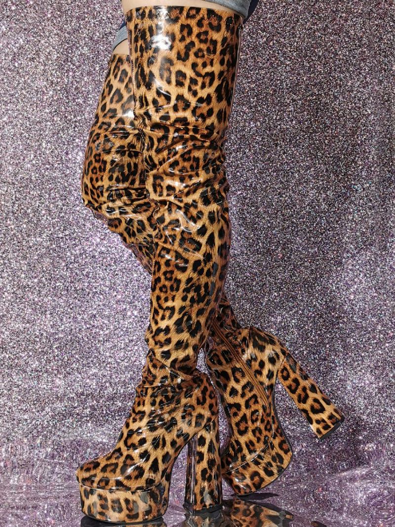 Botas Femininas Sexy Coxa Alta Plataforma Leopardo Salto Alto Sobre O Joelho - Leopardo