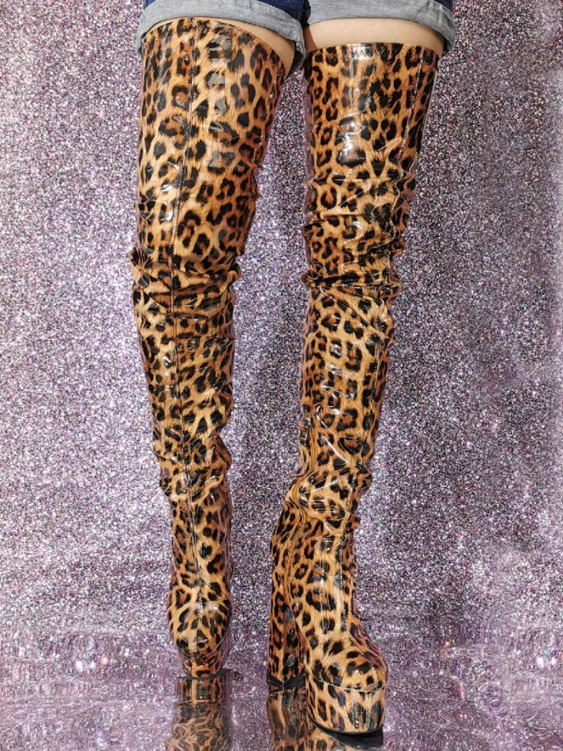 Botas Femininas Sexy Coxa Alta Plataforma Leopardo Salto Alto Sobre O Joelho - Leopardo