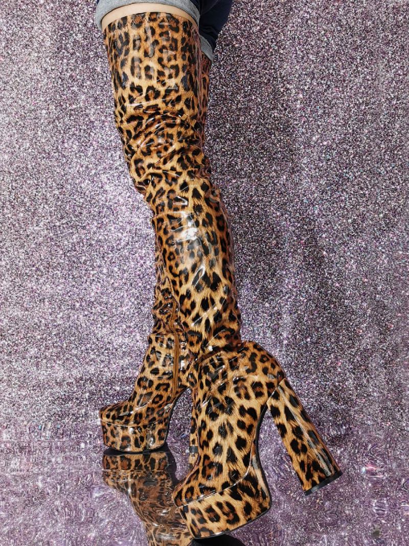 Botas Femininas Sexy Coxa Alta Plataforma Leopardo Salto Alto Sobre O Joelho - Leopardo