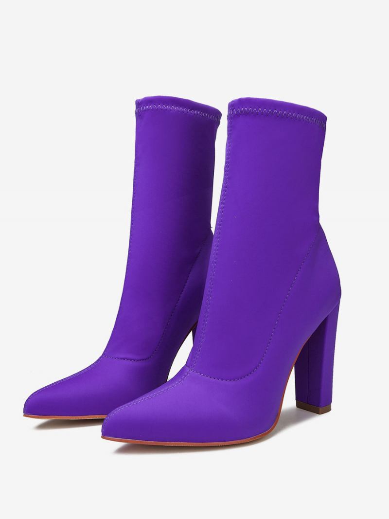 Botas Femininas Tecido Elástico Com Bico Fino E Salto Grosso - Roxo