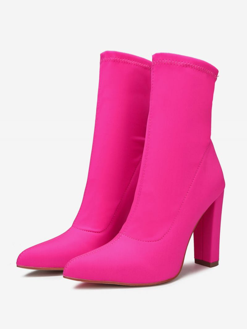 Botas Femininas Tecido Elástico Com Bico Fino E Salto Grosso - Rosa