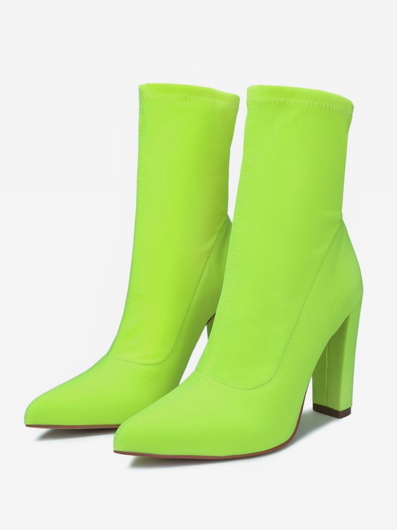 Botas Femininas Tecido Elástico Com Bico Fino E Salto Grosso - Amarelo Verde